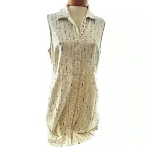 Studio Ease linen blend shirt dress. Side pockets & pastel birdhouses.